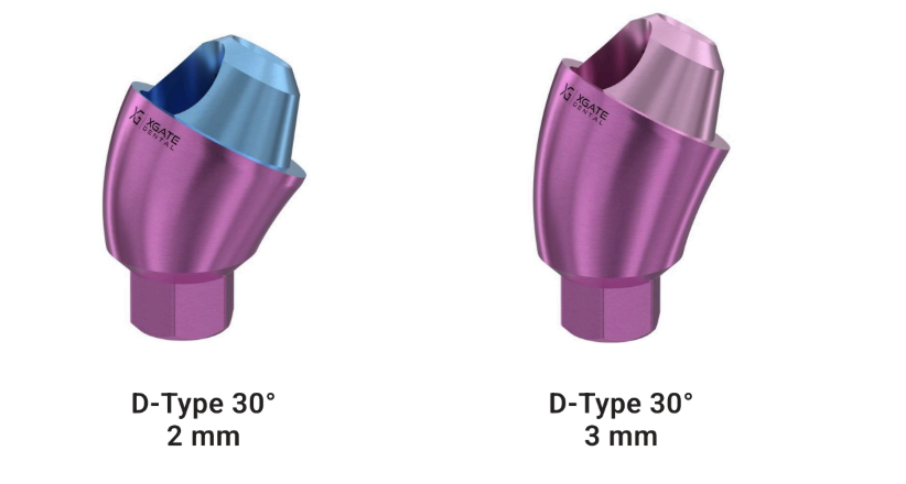 Renders of the XGATE D-Type 30° angled multi-unit abutments with gingival heights of 2 mm and 3 mm side by side.