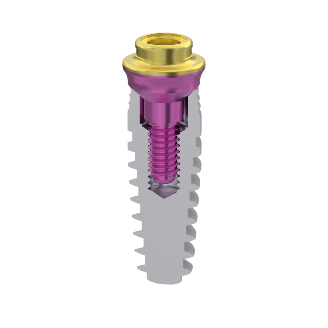 Cross-sectional view of dental implant with purple abutment and gold retention cap showing platform switching design