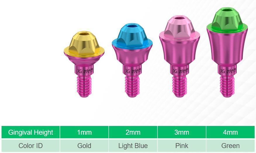 D-Type multi-unit abutments colour-coded by gingival height from 1 to 4 mm