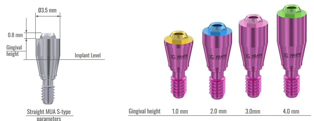 Straight S-Type multi-unit abutment parameters and gingival heights from 1 to 4 mm