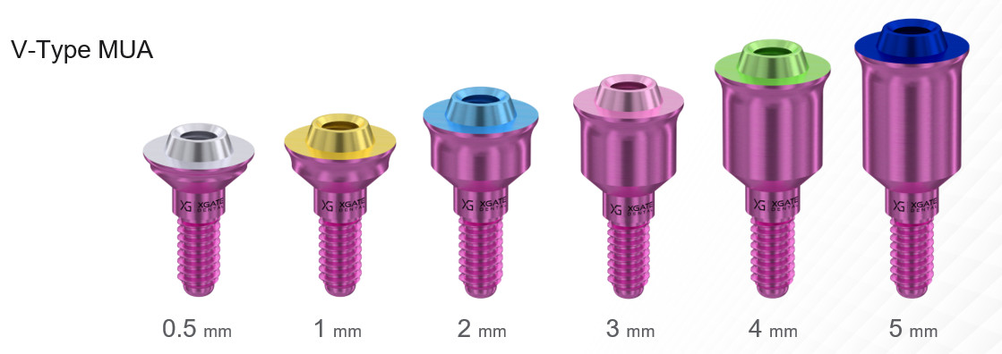 Color-coded transgingival height indicators for XGATE multi-unit abutments.